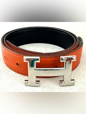 HERMES Reversible H Belt Size 70 Orange Black Palladium